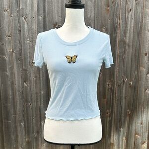 Heart Hips Light Blue Crop Top with Butterfly Embroidery EUC